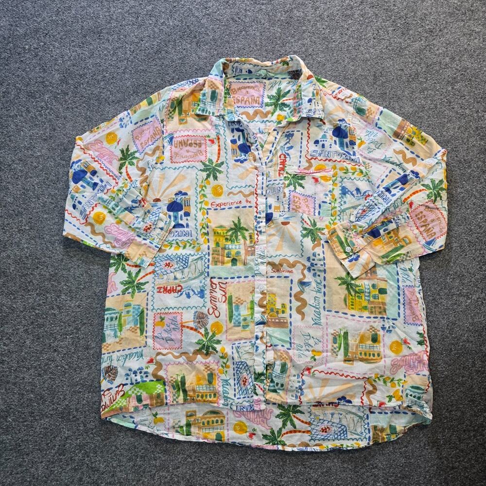 True Destinations Top Womens Size XL White Tropical Postcard Vacation Button Up